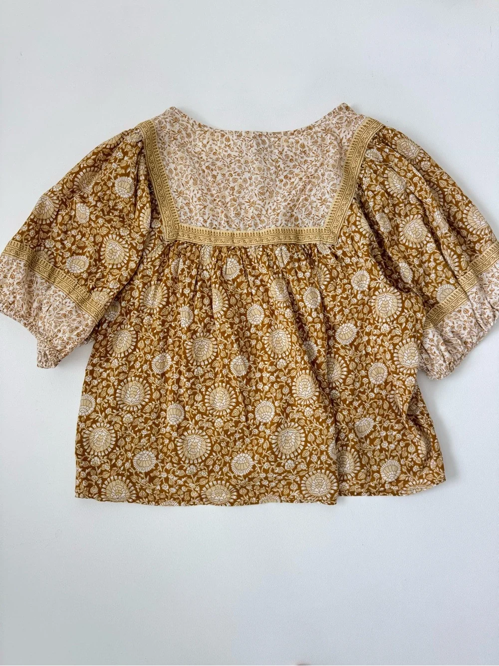 Boho Floral Peasant Blouse XL Mustard Brown Puff Sleeve Paisley fall Old Navy